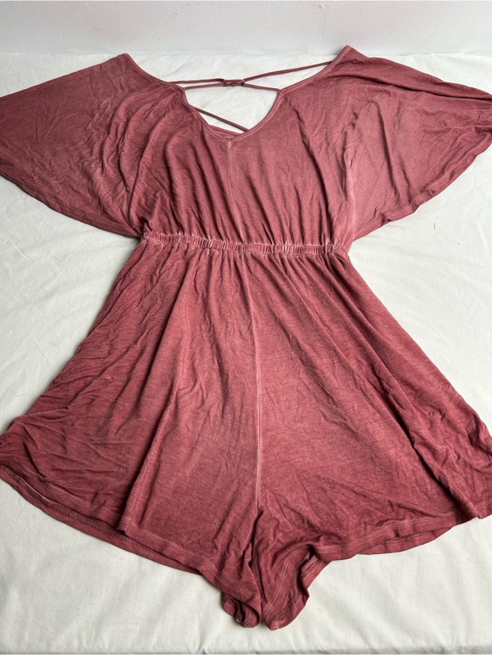 American Eagle Mauve Pink Short Sleeve Romper with flex waist and strap back